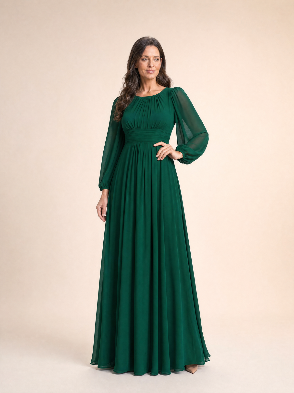 Dark green long sleeve chiffon pleated maxi occasion dress, front view