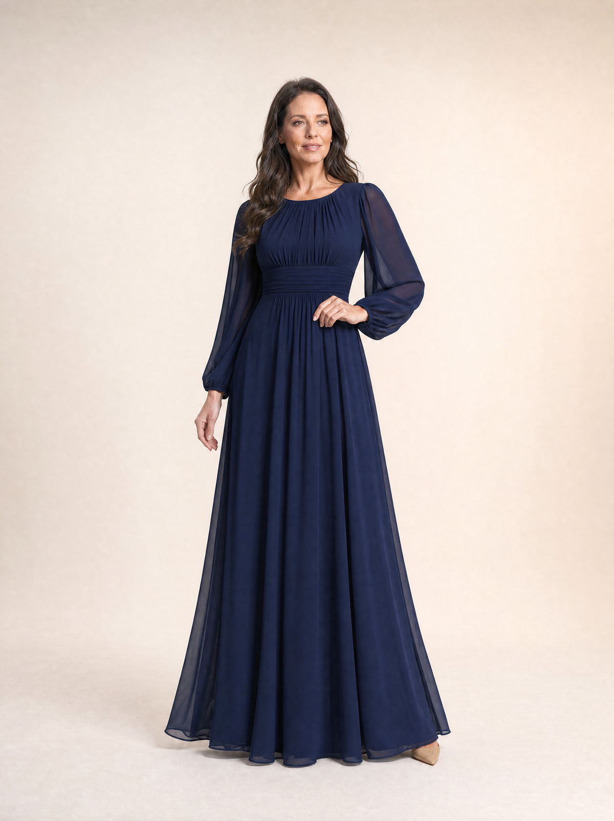 Navy blue long sleeve chiffon pleated maxi occasion dress, front view