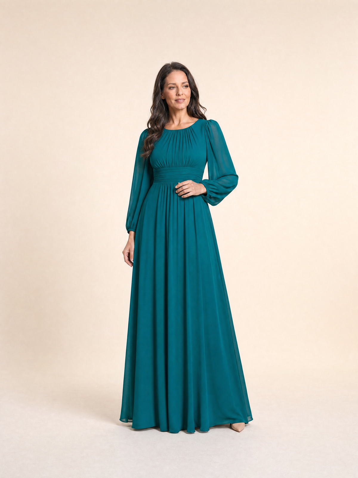 Teal long sleeve chiffon pleated maxi occasion dress, front view