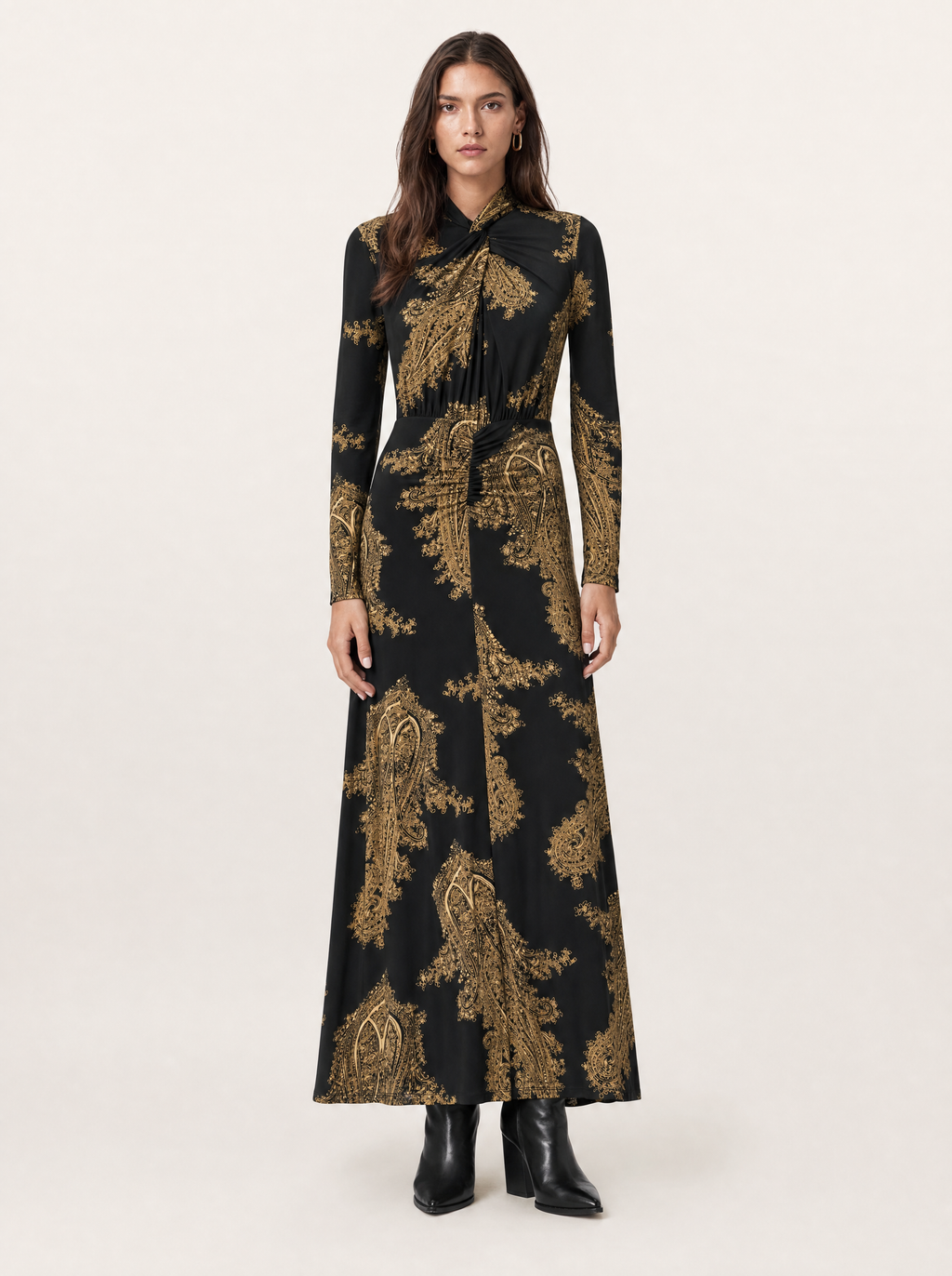 Mina A-Line Long Sleeve Maxi Dress - Black & Gold Paisley A-Line - front view on model
