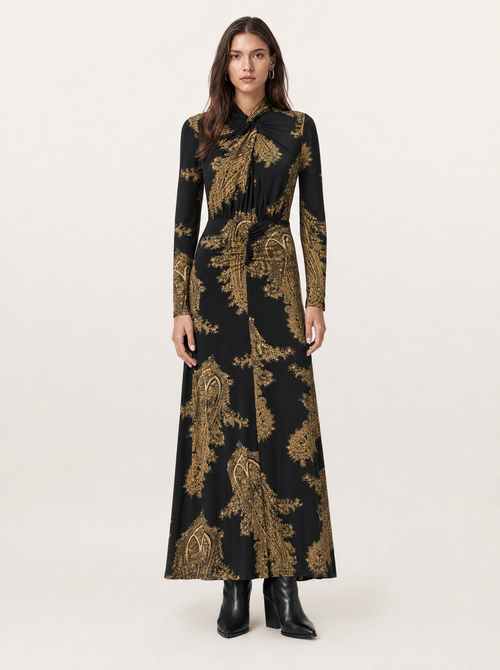 Mina A-Line Long Sleeve Maxi Dress - Black & Gold Paisley A-Line - front view on model