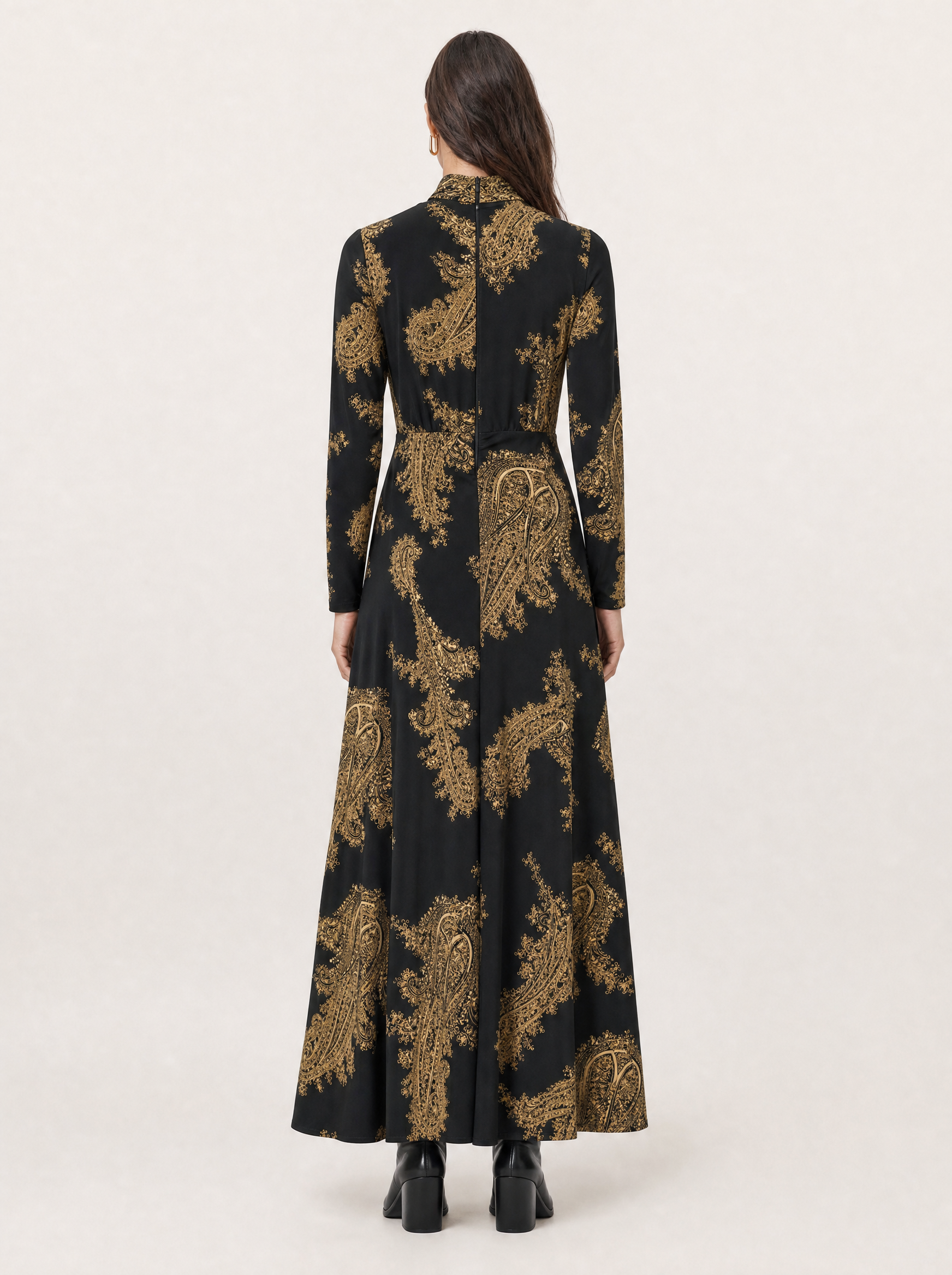 Mina A-Line Long Sleeve Maxi Dress - Black & Gold Paisley A-Line - back view
