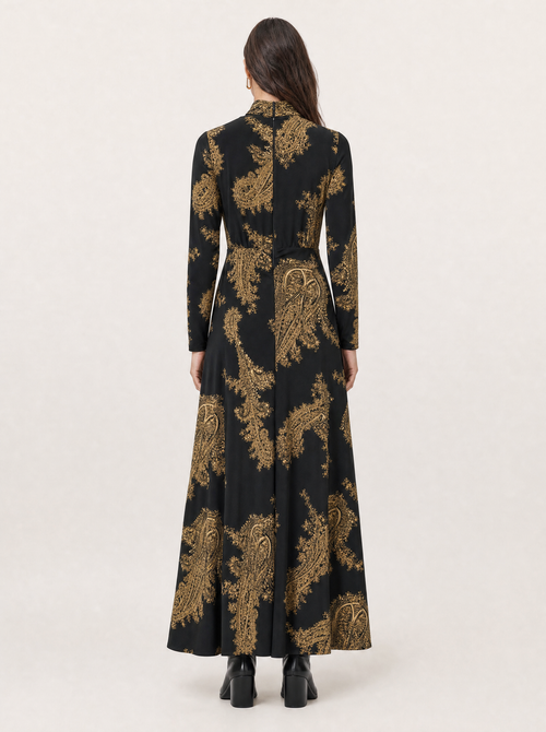 Mina A-Line Long Sleeve Maxi Dress - Black & Gold Paisley A-Line - back view