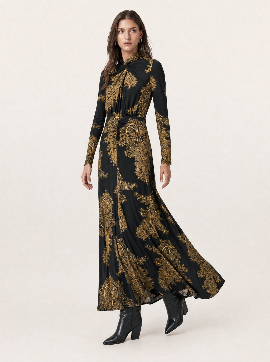 Mina A-Line Long Sleeve Maxi Dress - Black & Gold Paisley A-Line - side view