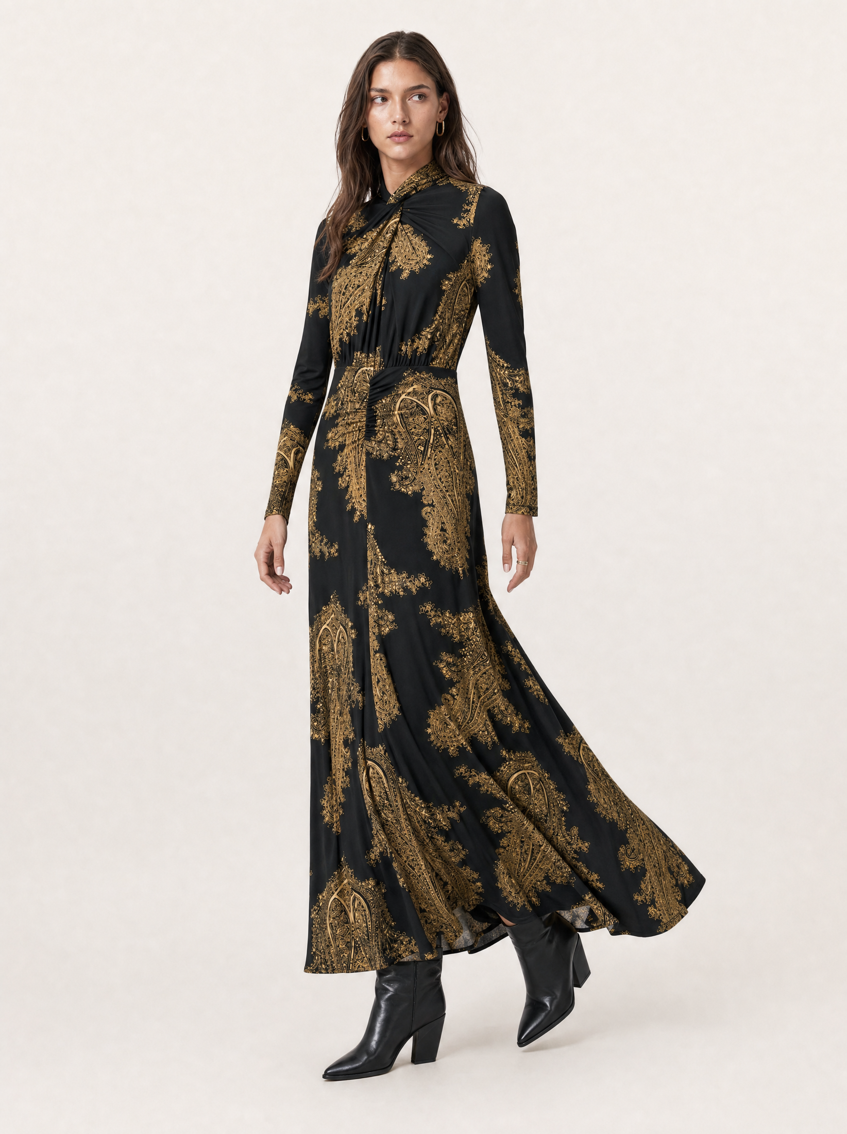 Mina A-Line Long Sleeve Maxi Dress - Black & Gold Paisley A-Line - side view