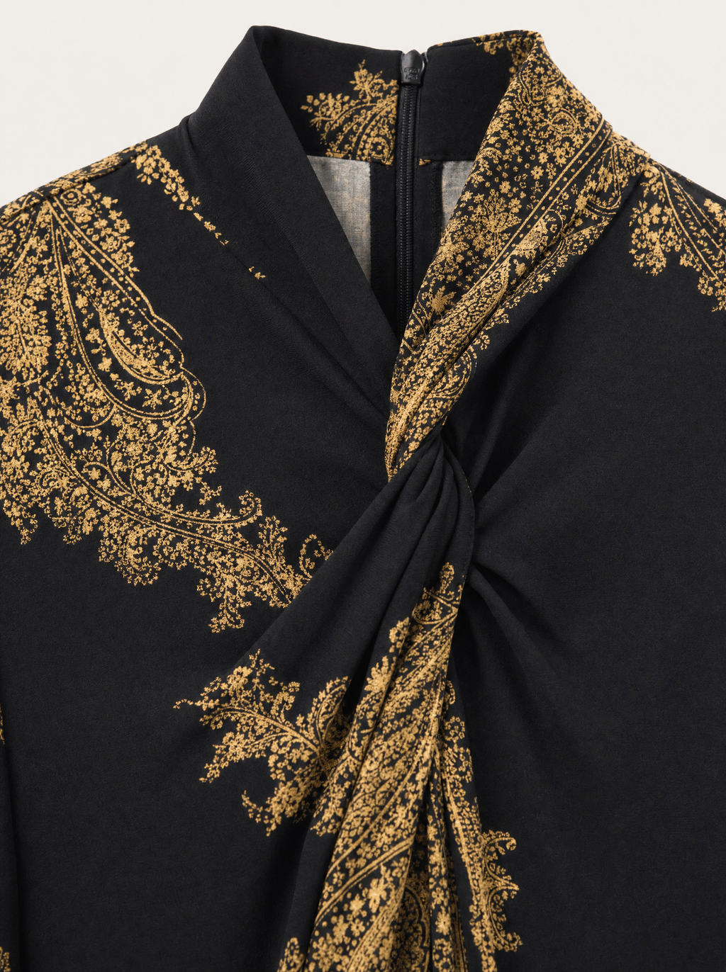 Mina A-Line Long Sleeve Maxi Dress - Black & Gold Paisley A-Line - fabric detail