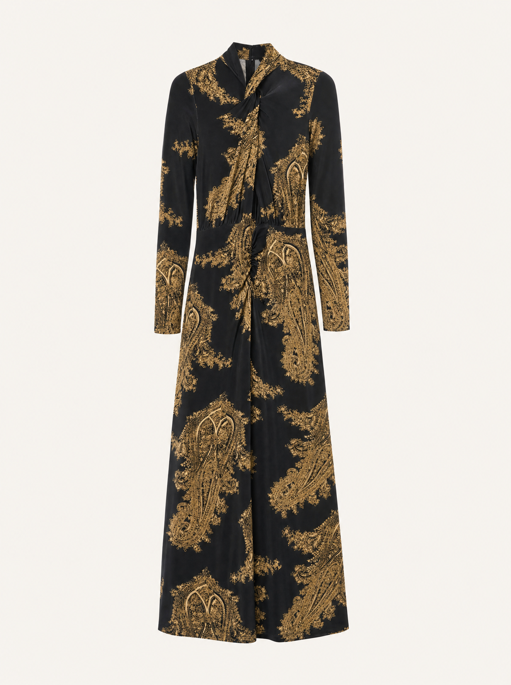 Mina A-Line Long Sleeve Maxi Dress - Black & Gold Paisley A-Line - product flat lay