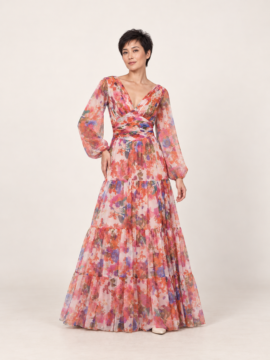 Front view of the mixed floral V-neck maxi dress