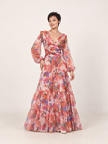 Front view of the mixed floral V-neck maxi dress