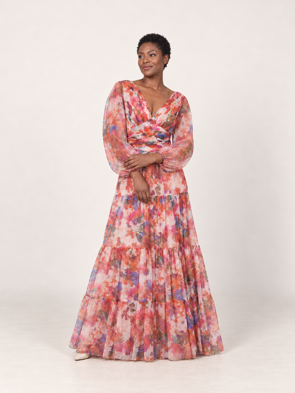 Mixed floral V-neck maxi dress on a second model