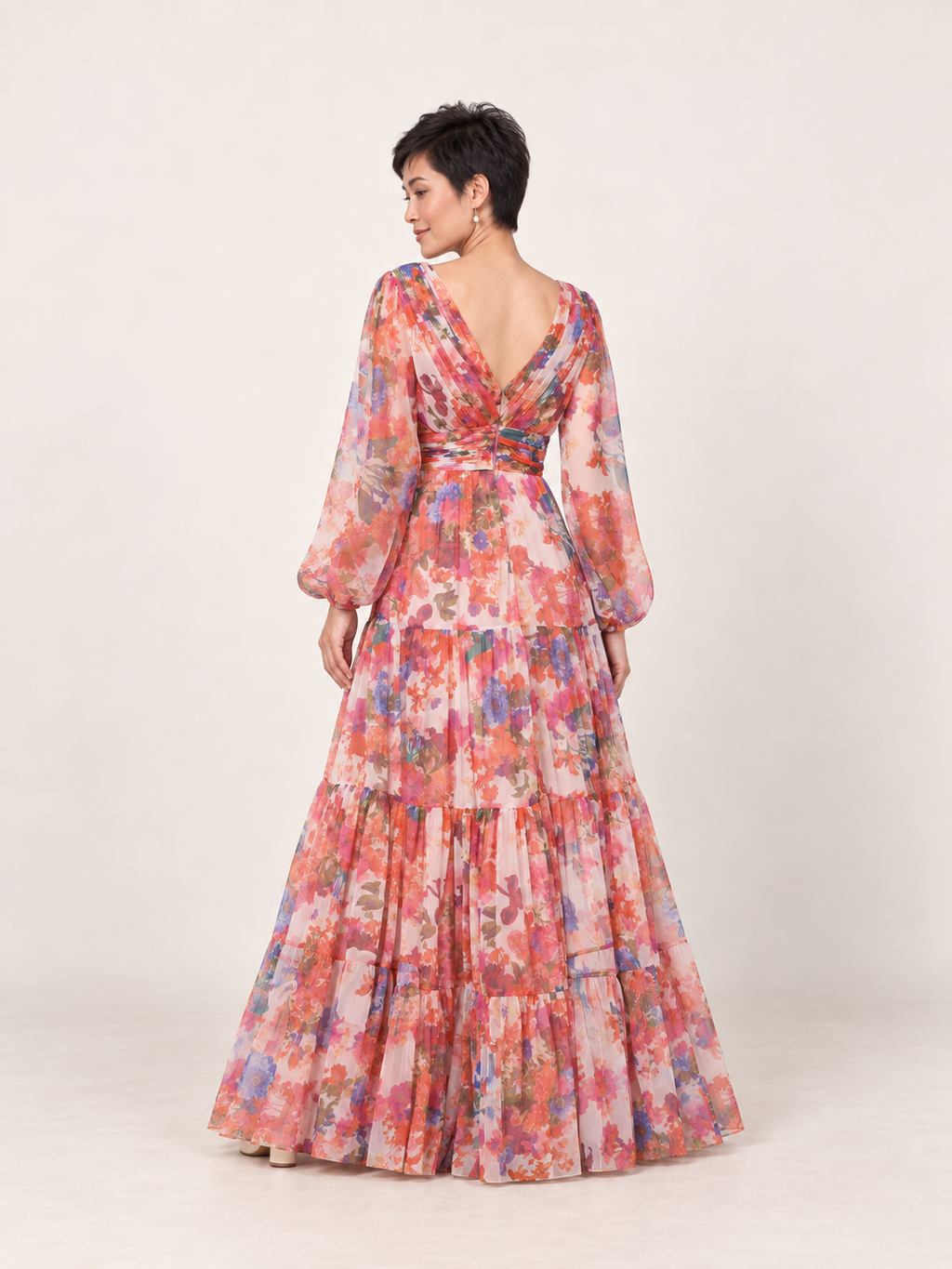 Back of the mixed floral maxi dress with V neckline and centre zip