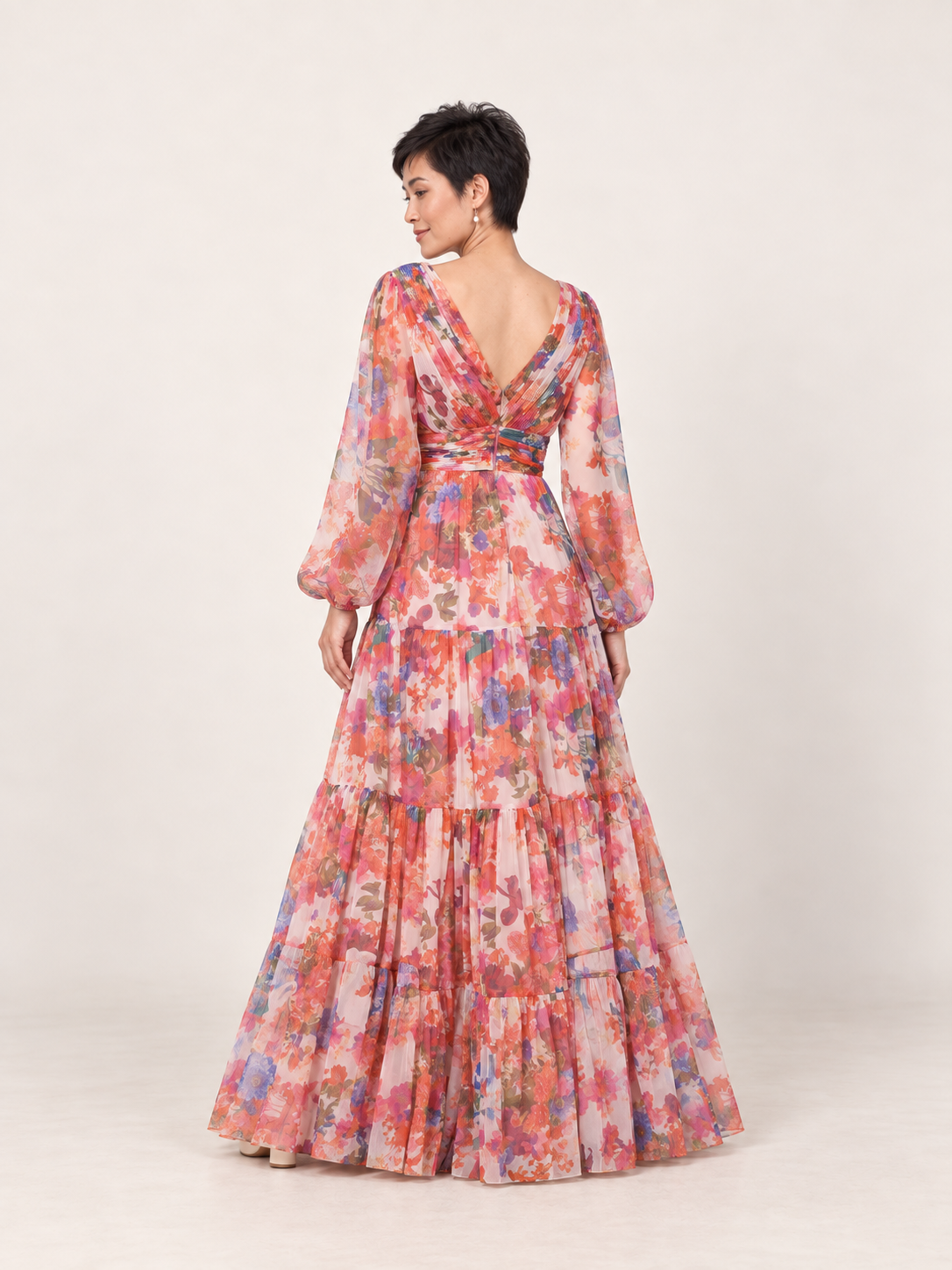 Back of the mixed floral maxi dress with V neckline and centre zip