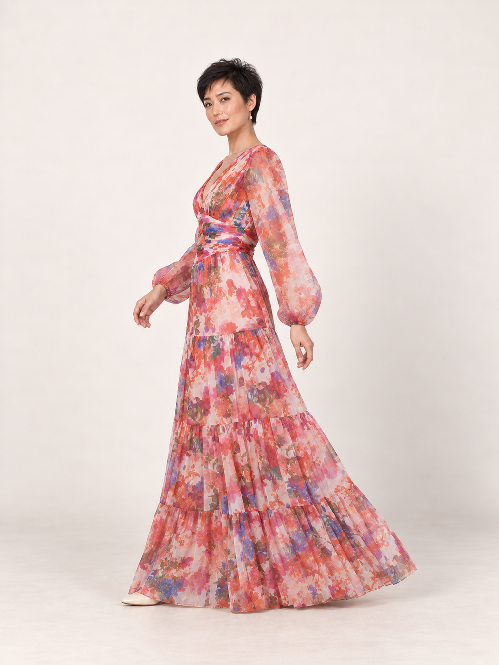 Mixed floral tiered maxi dress in a gentle turn