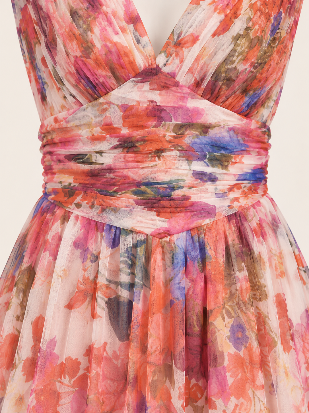Close-up of the floral tulle and wide ruched waistband