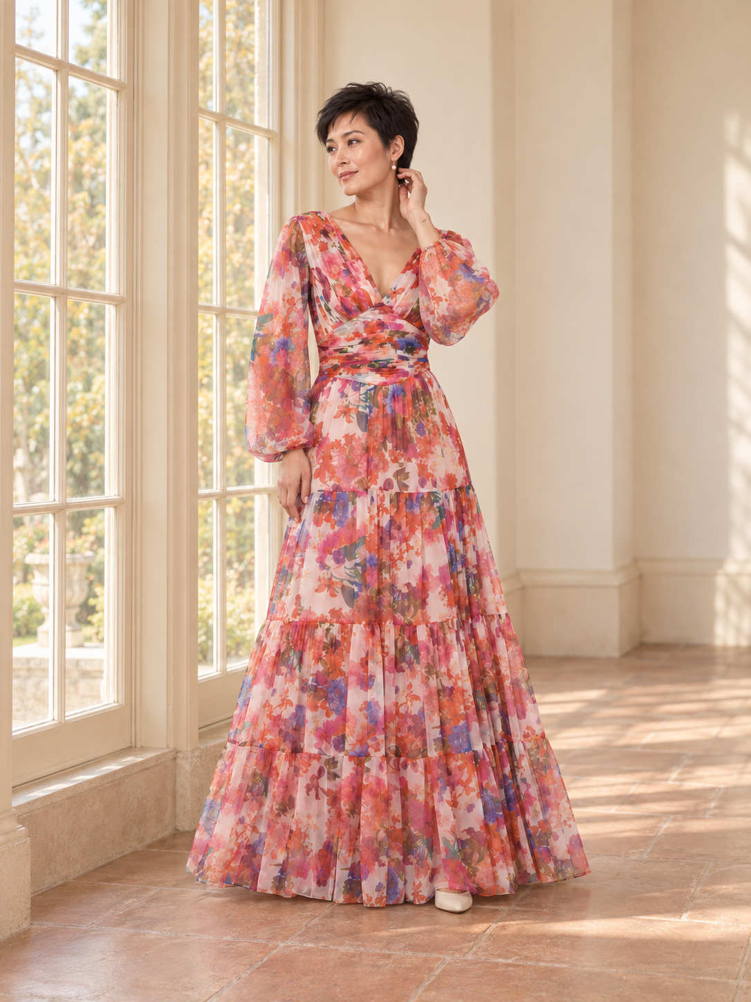 Mixed floral maxi dress beside conservatory windows