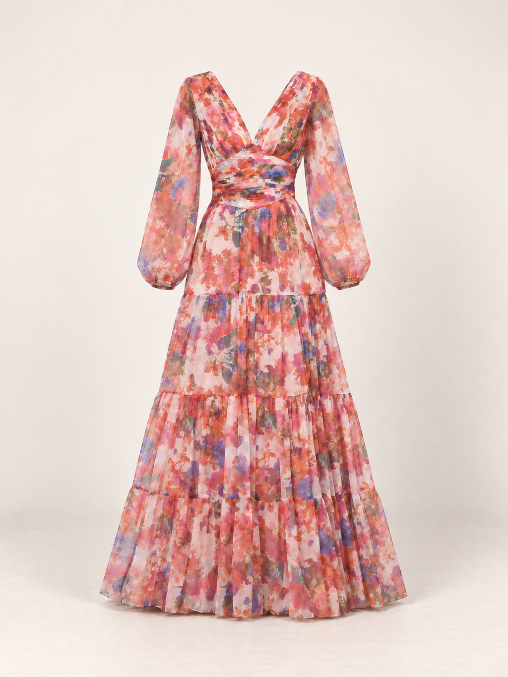 Full garment-only front view of the mixed floral maxi dress