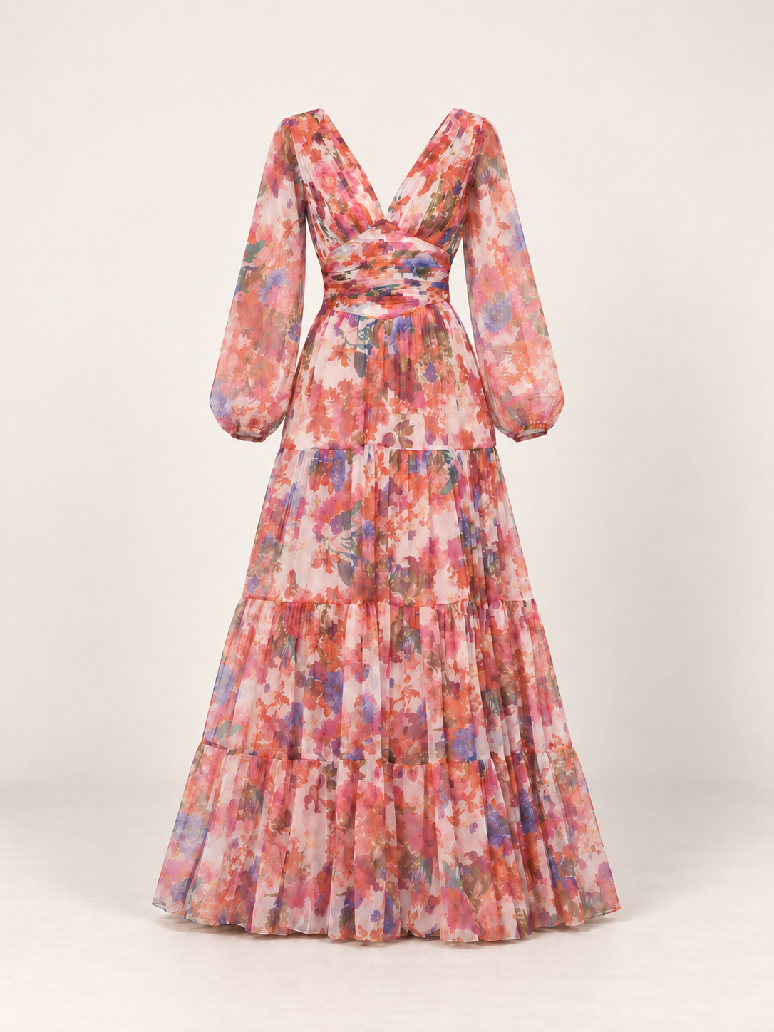 Full garment-only front view of the mixed floral maxi dress