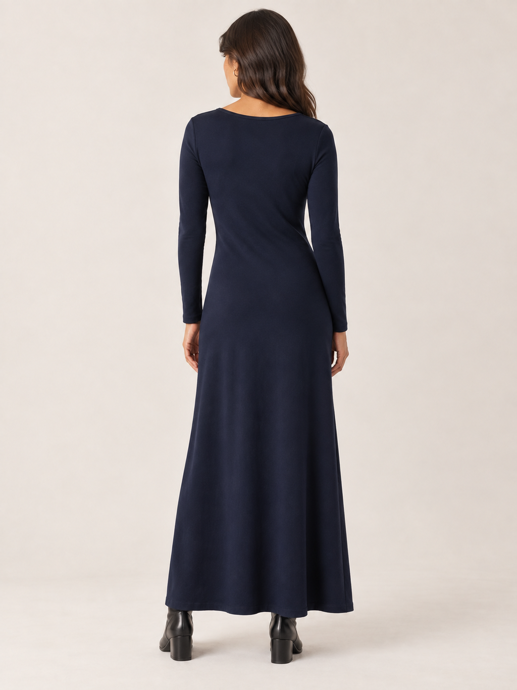 Navy organic cotton button maxi dress, back view