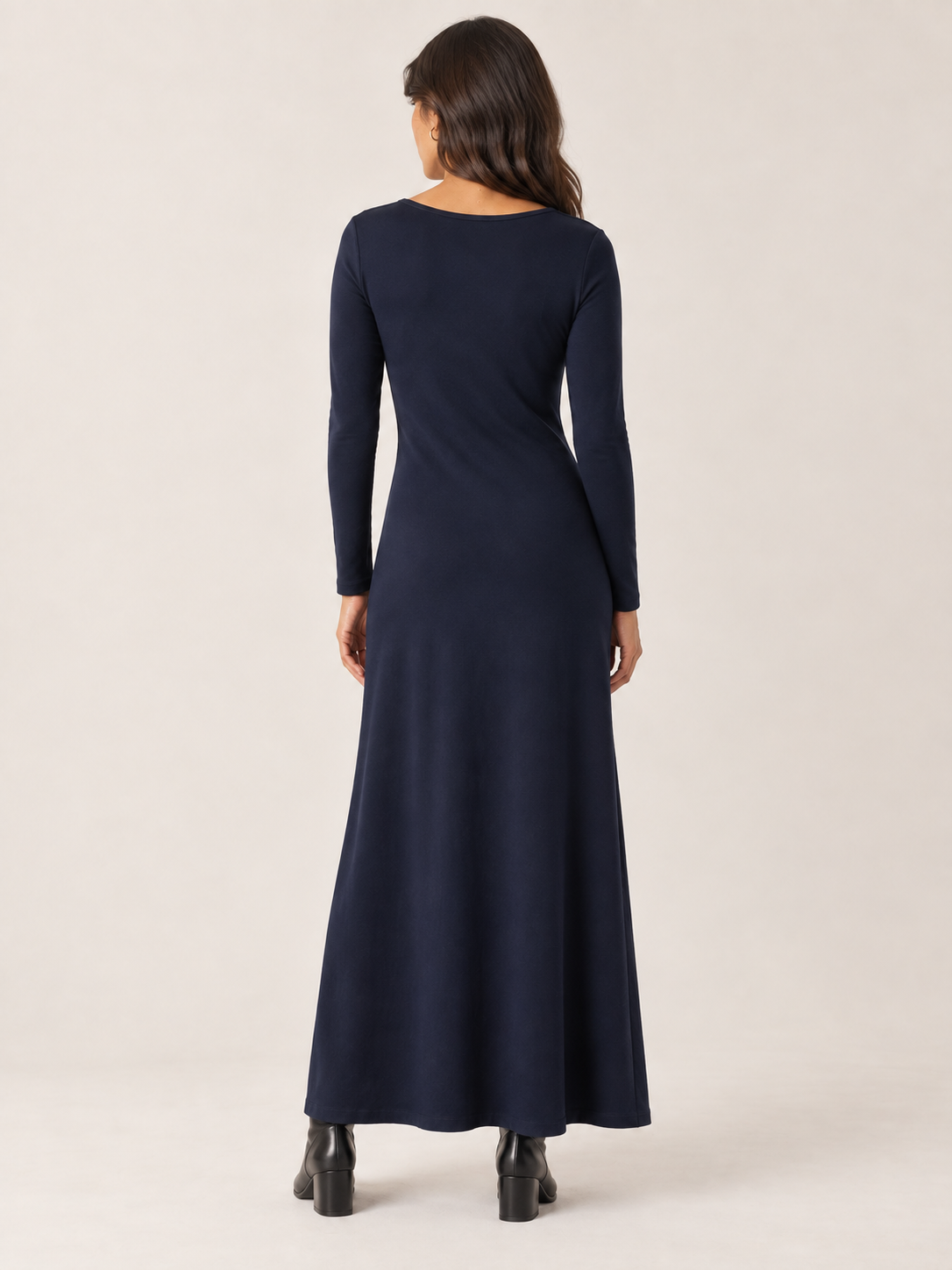 Navy organic cotton button maxi dress, back view