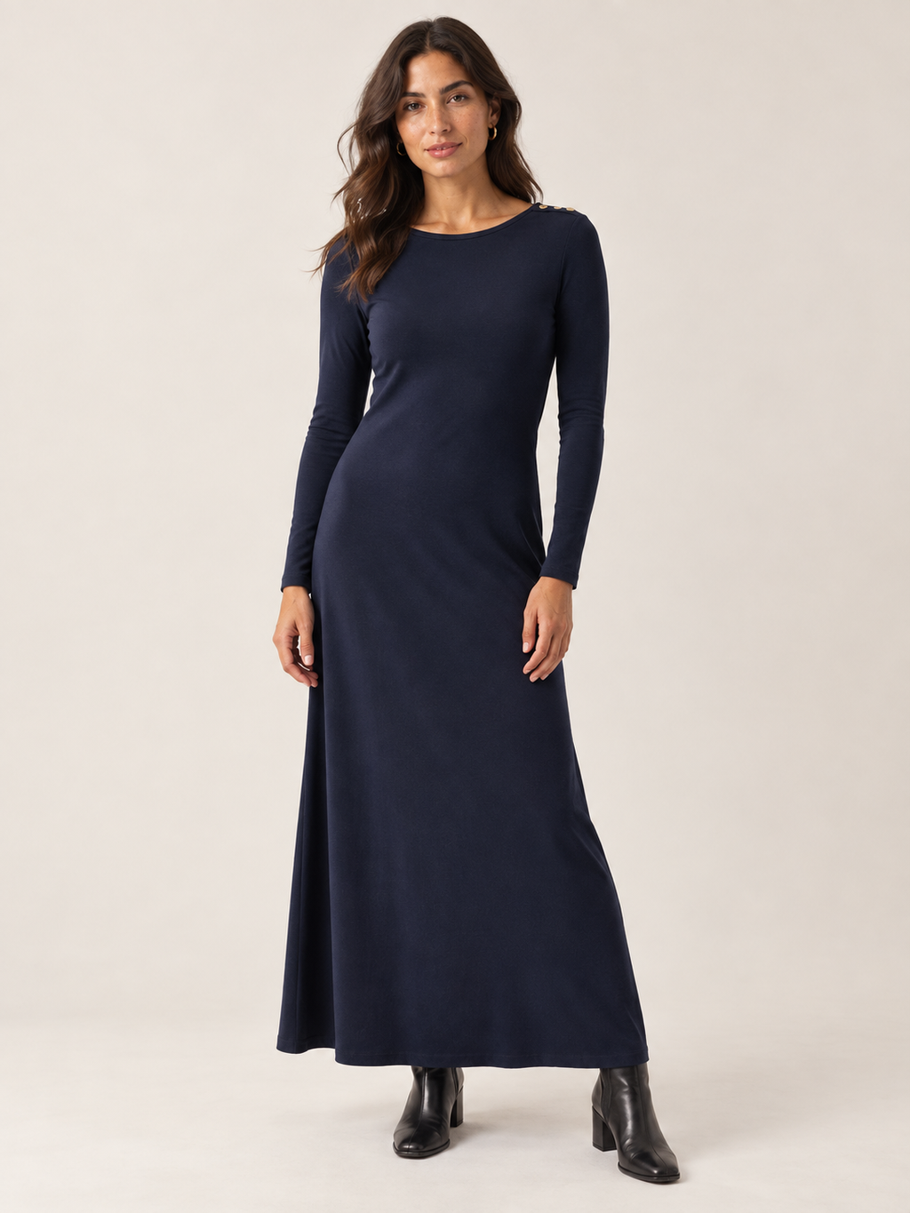 Navy organic cotton button maxi dress, front view