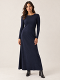 Navy organic cotton button maxi dress, front view