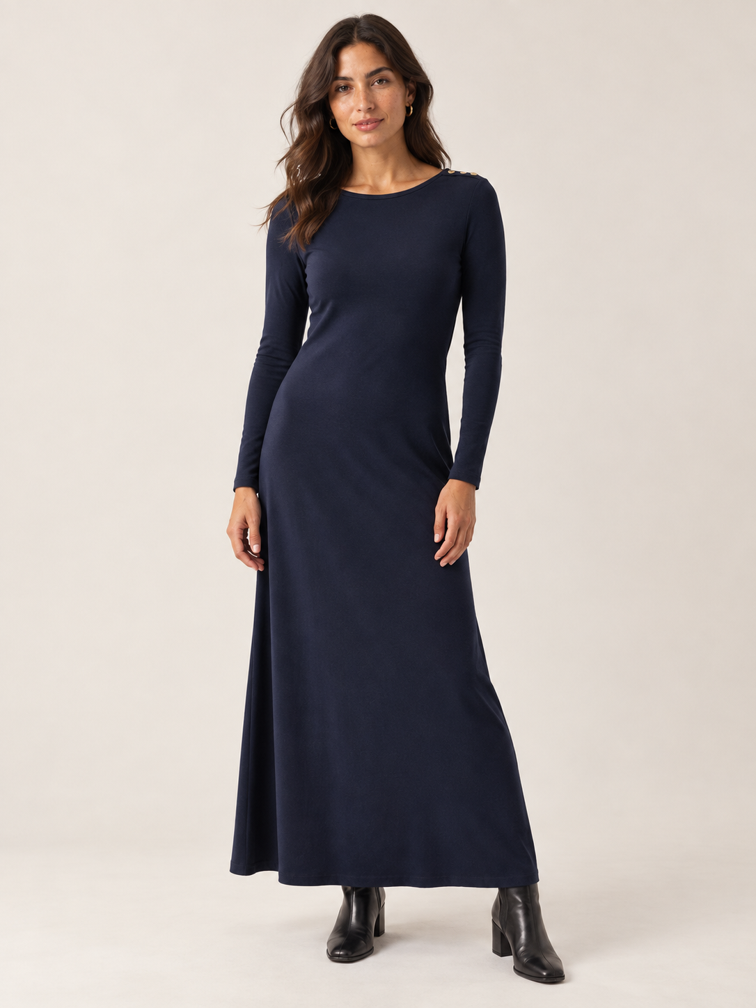 Navy organic cotton button maxi dress, front view
