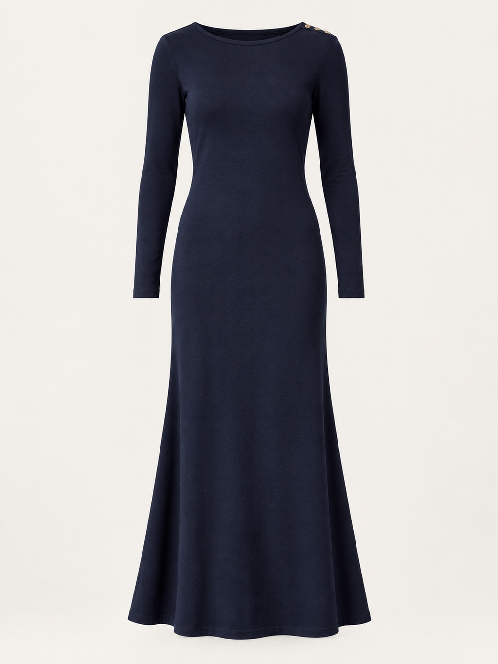 Navy organic cotton button maxi dress, ghost mannequin front view