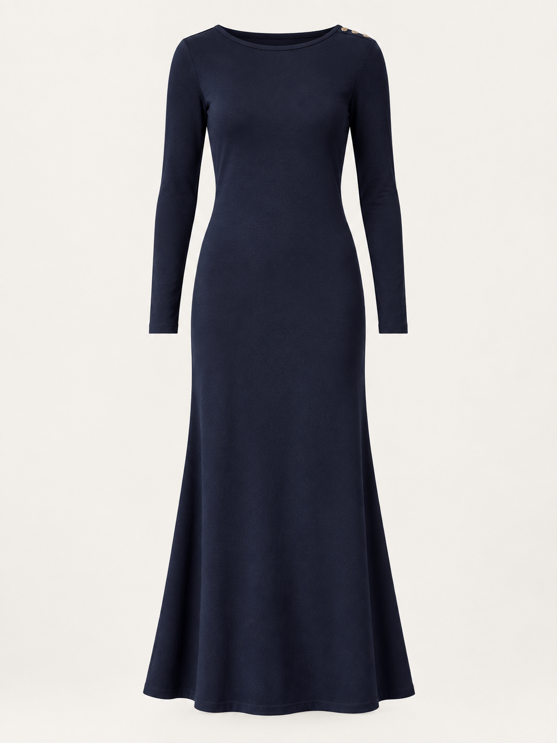 Navy organic cotton button maxi dress, ghost mannequin front view