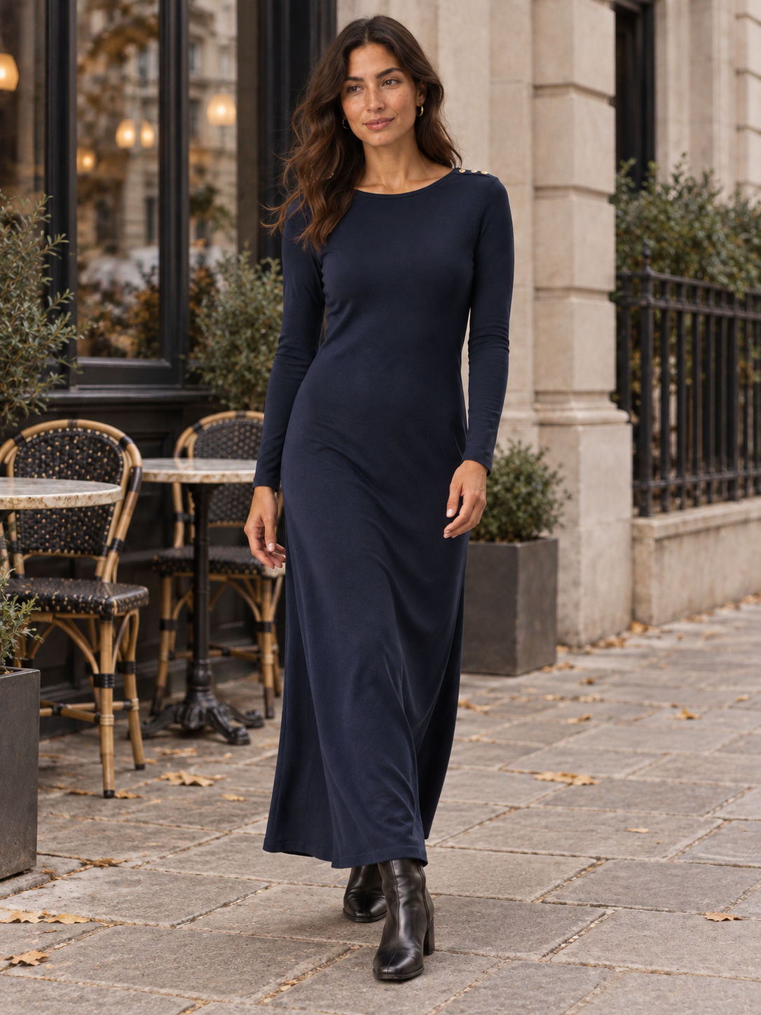 Navy organic cotton button maxi dress, city lifestyle view