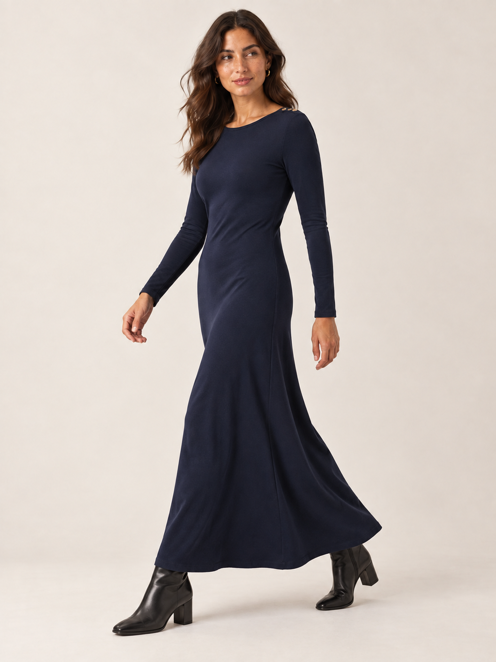 Navy organic cotton button maxi dress, side movement view