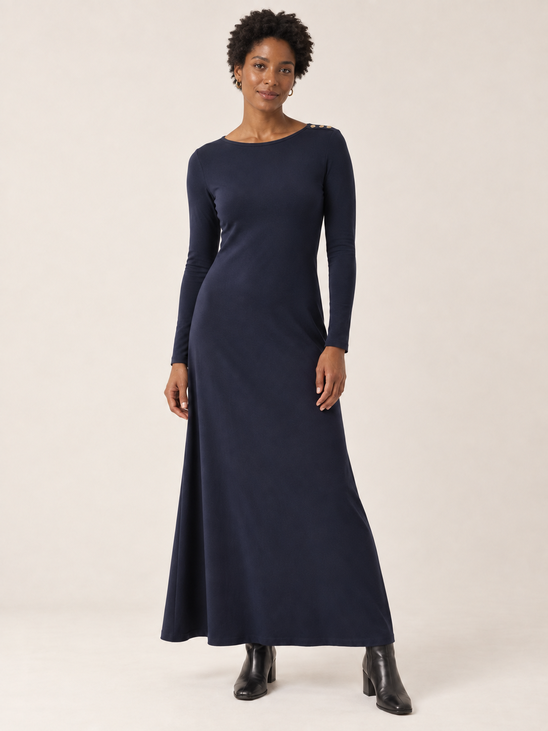 Navy organic cotton button maxi dress, second model front view