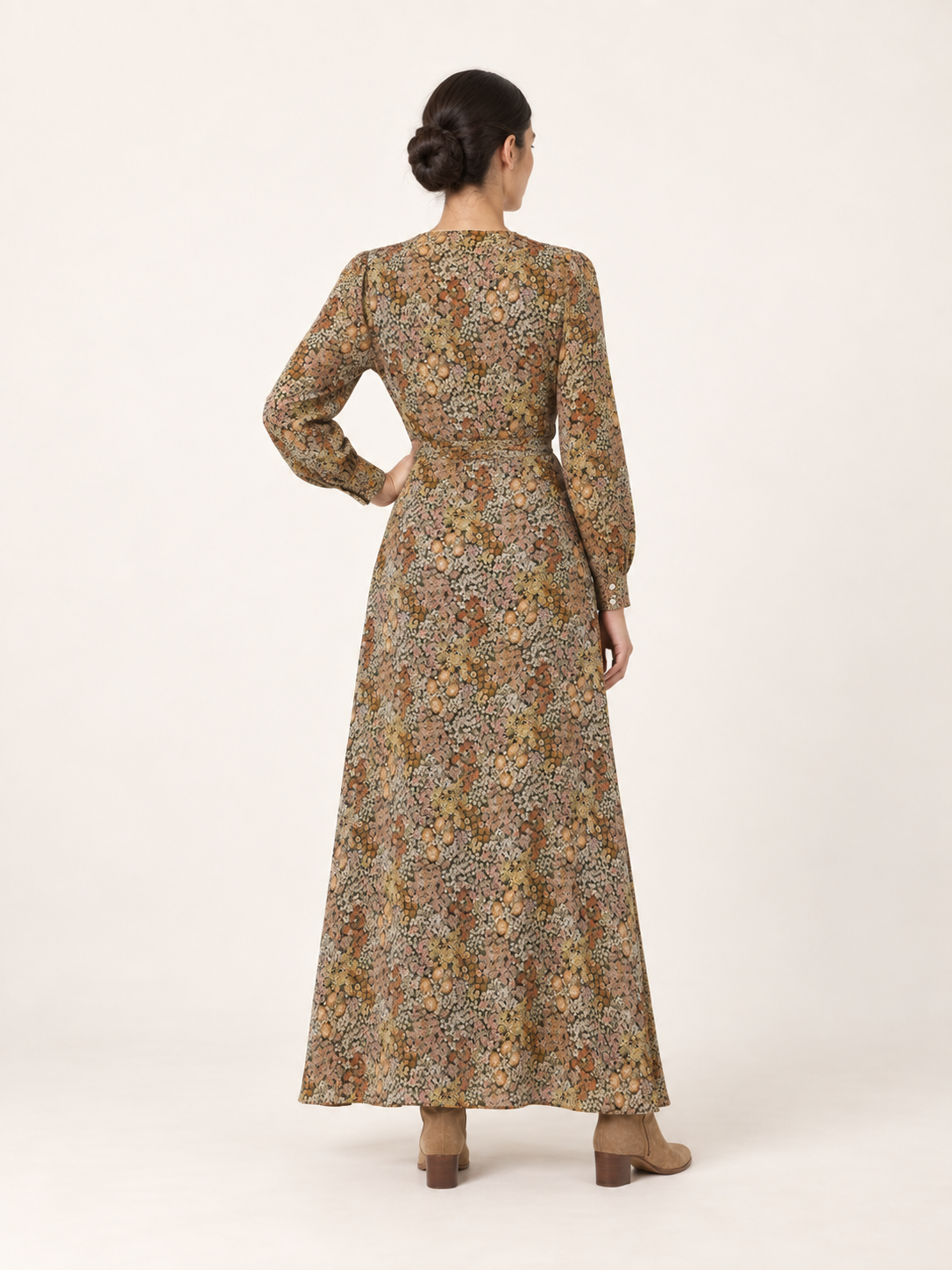 Olive ditsy floral wrap maxi dress — back view