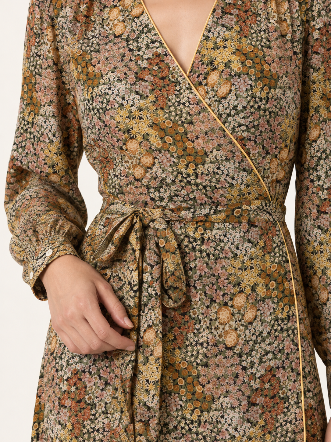 Olive ditsy floral wrap maxi dress — detail view