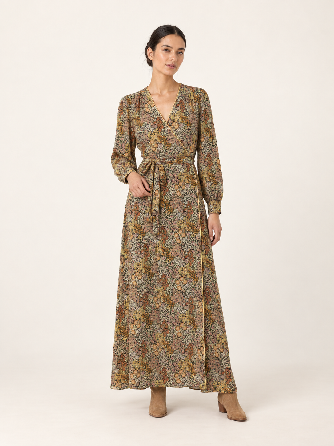 Olive ditsy floral wrap maxi dress — front view