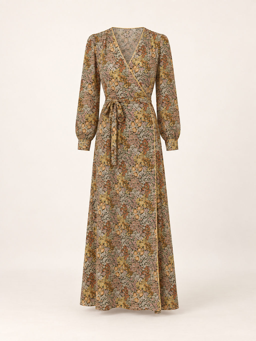 Olive ditsy floral wrap maxi dress — ghost flat view