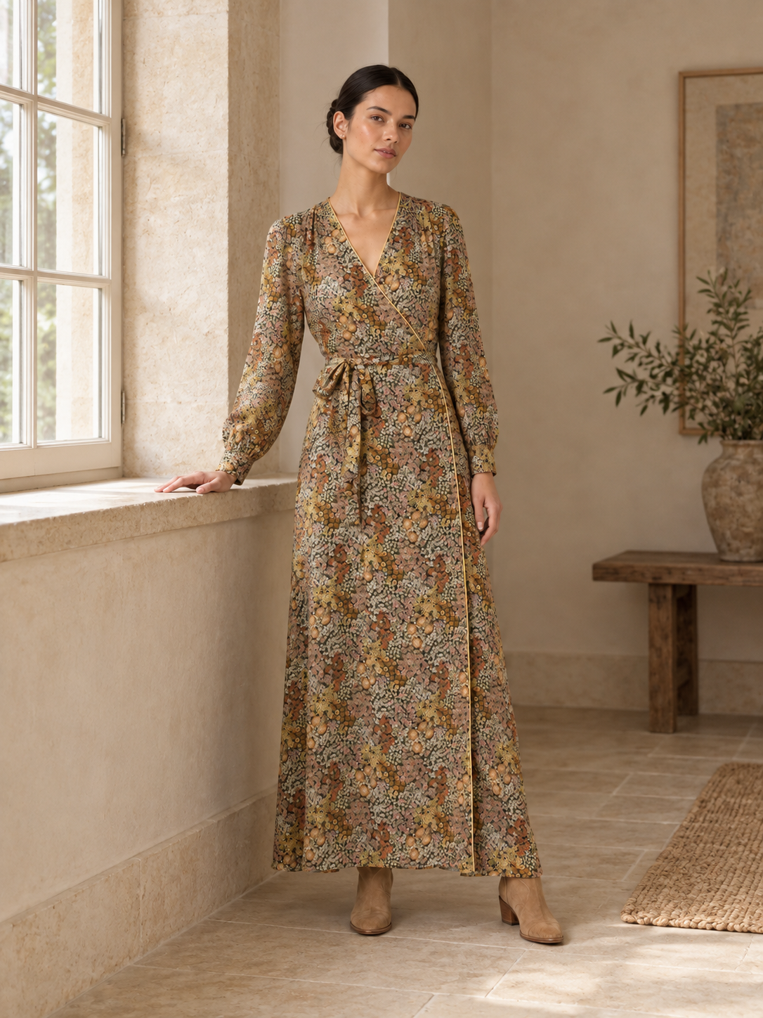 Olive ditsy floral wrap maxi dress — lifestyle view