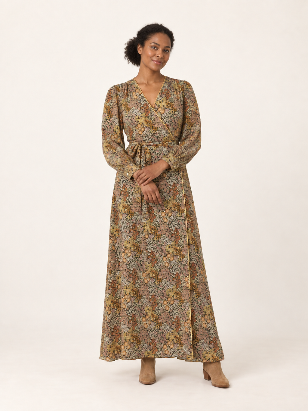 Olive ditsy floral wrap maxi dress — second model view