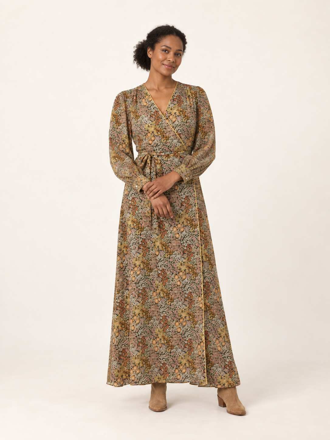 Olive ditsy floral wrap maxi dress — second model view