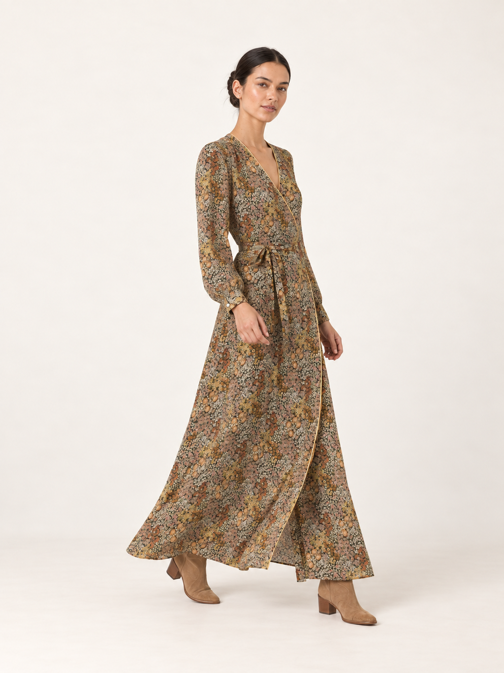Olive ditsy floral wrap maxi dress — side movement view