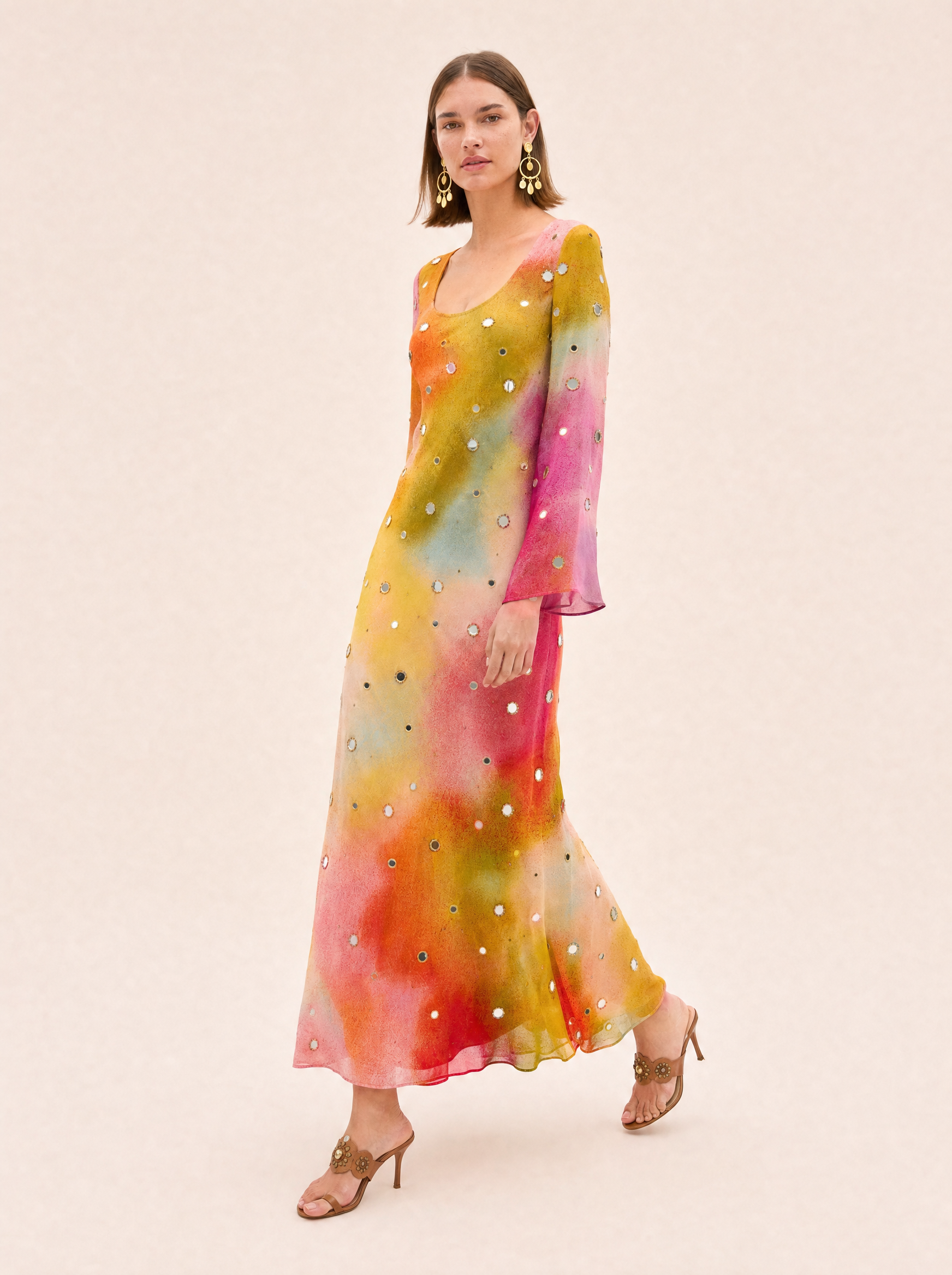 Ophelia Embellished Georgette Midi Dress — Long Sleeve, Bias Cut - side view
