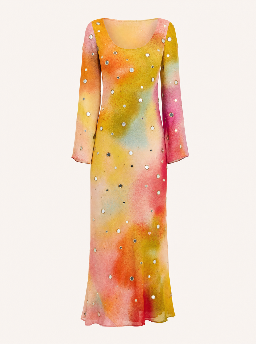 Ophelia Embellished Georgette Midi Dress — Long Sleeve, Bias Cut - product flat lay