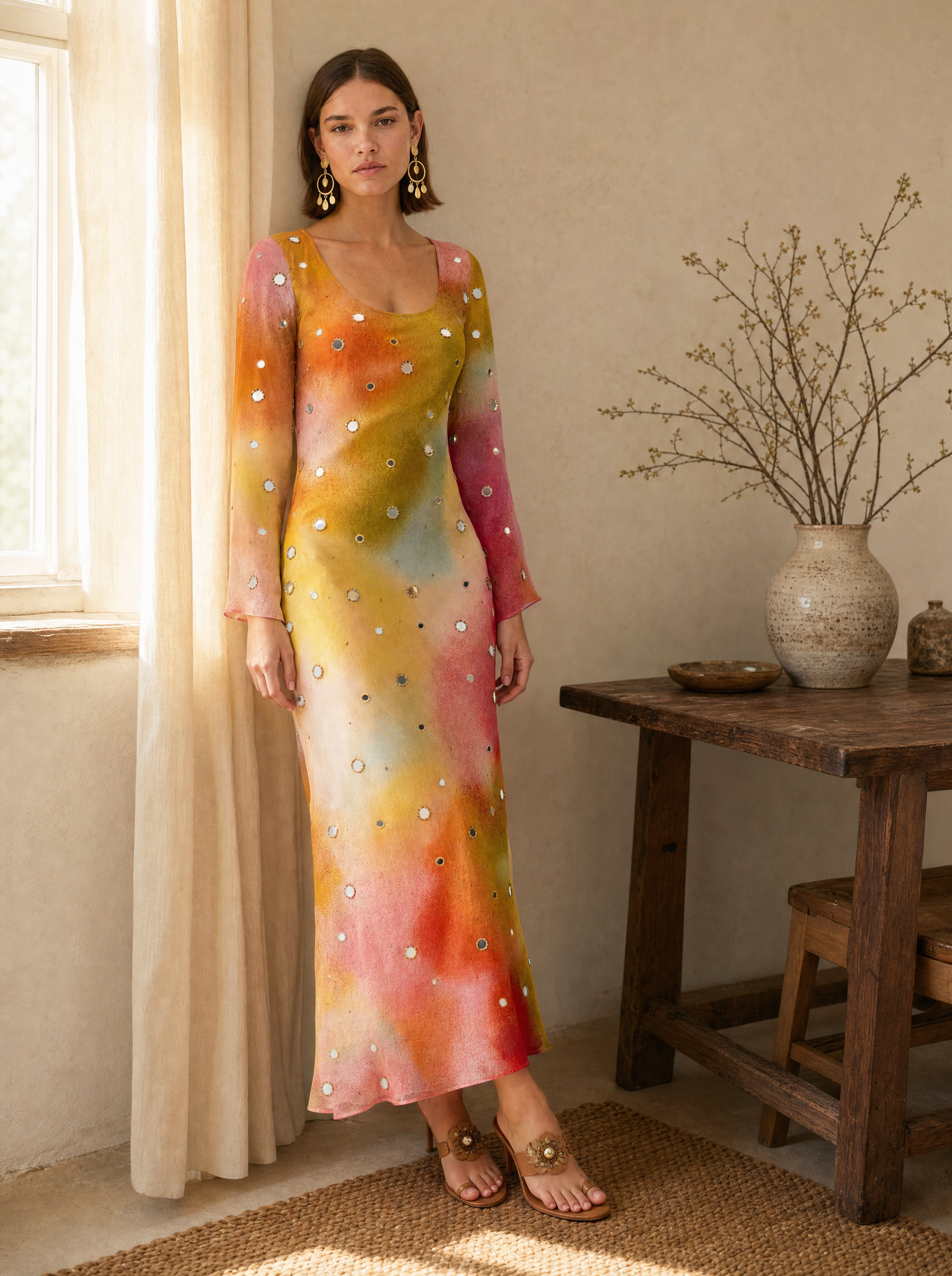Ophelia Embellished Georgette Midi Dress — Long Sleeve, Bias Cut - lifestyle