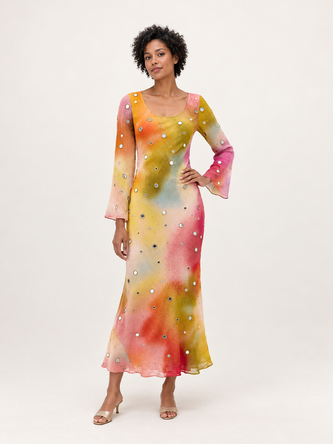 Ophelia Multicolor embellished georgette midi dress, front