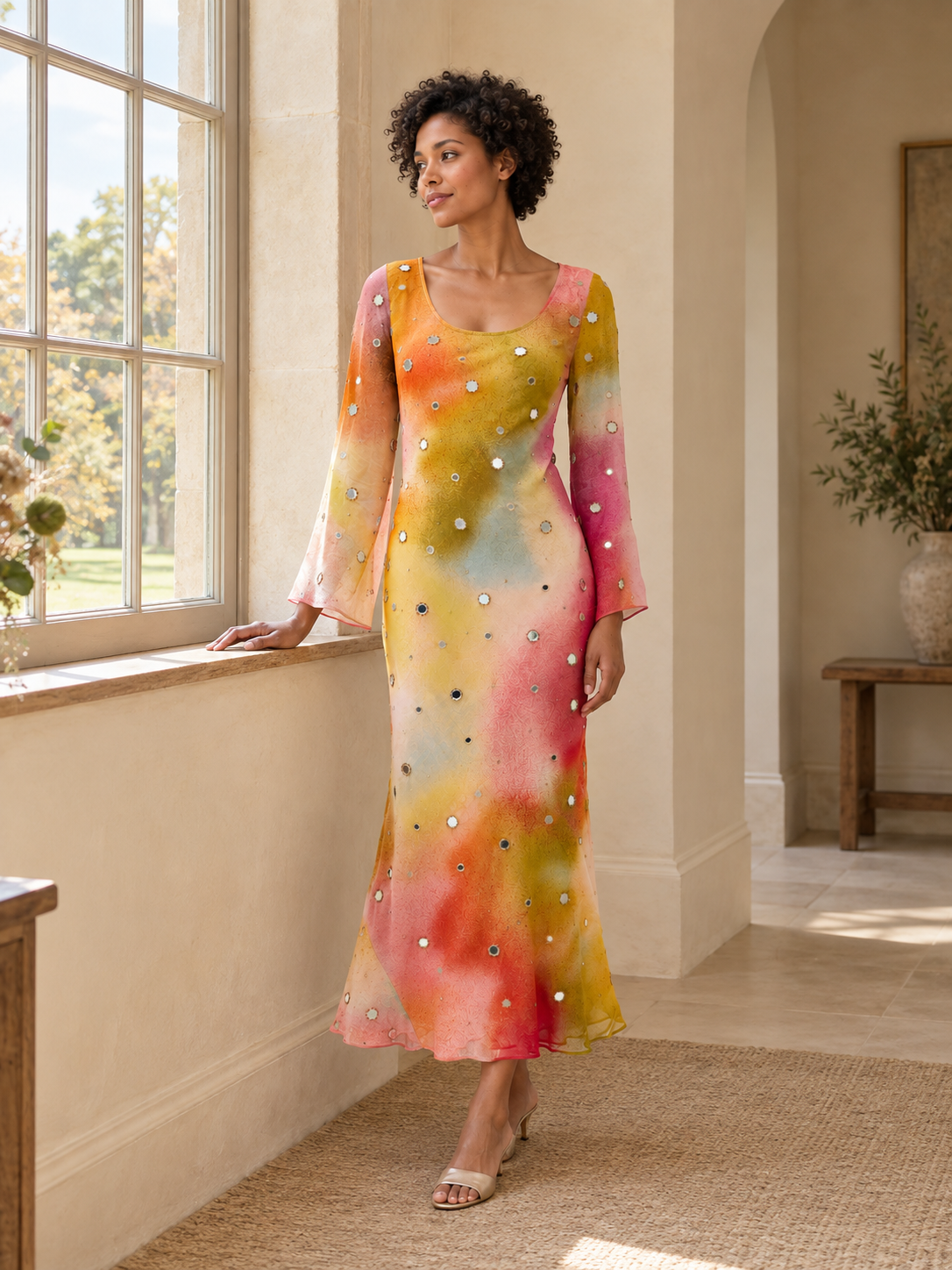 Ophelia Multicolor embellished georgette midi dress, lifestyle