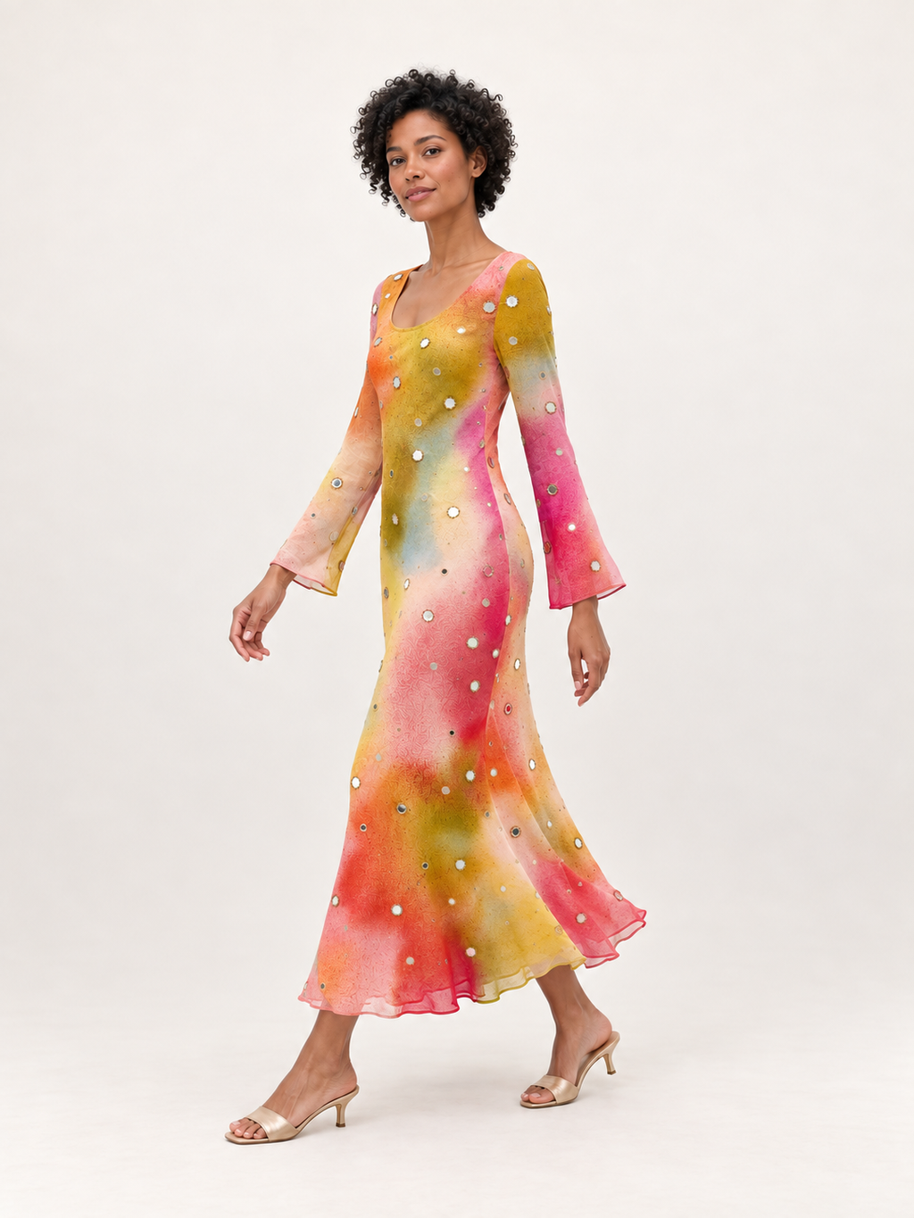 Ophelia Multicolor embellished georgette midi dress, side movement