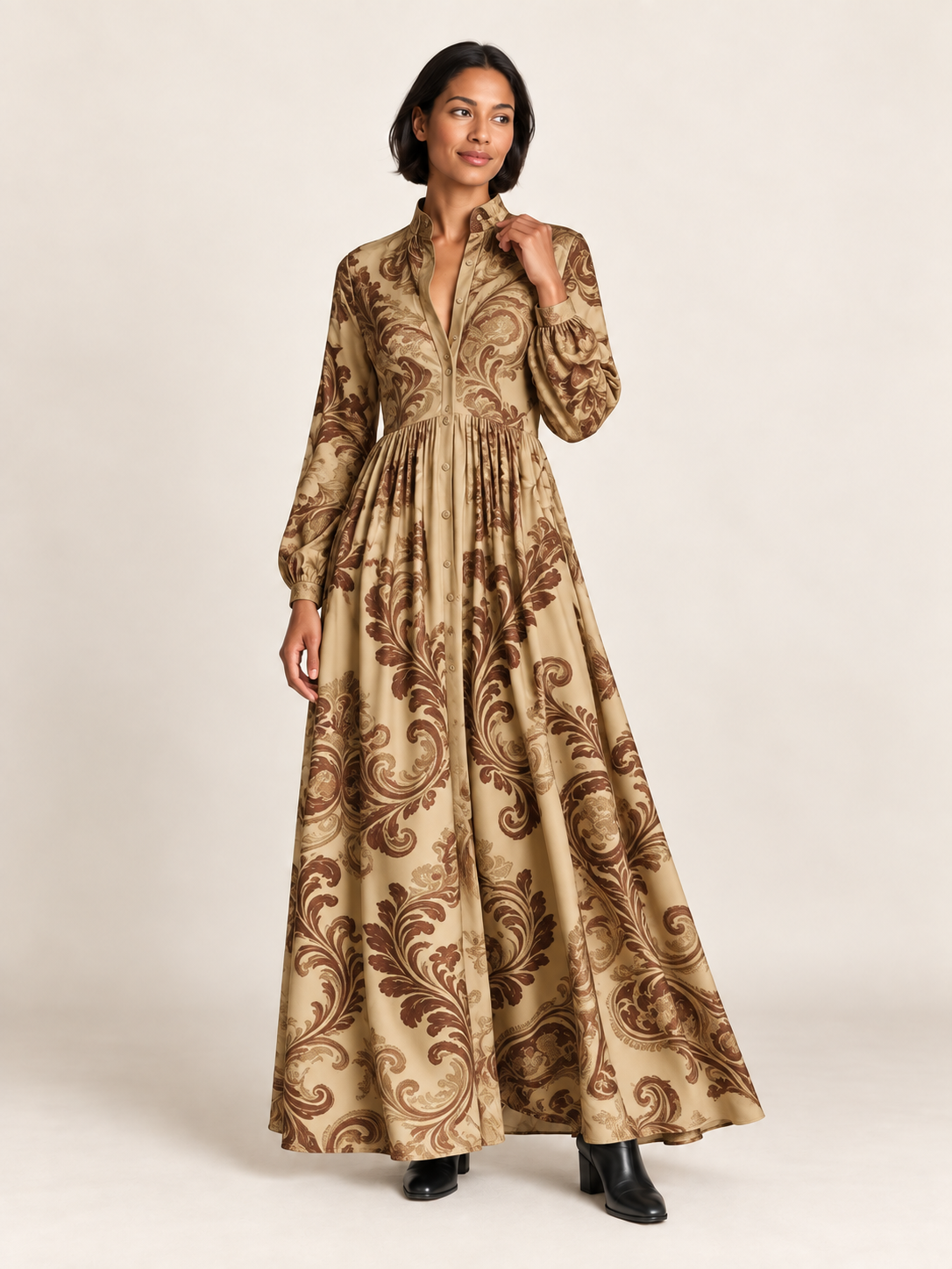 Printed Button-Front Maxi Dress in Brown — front view