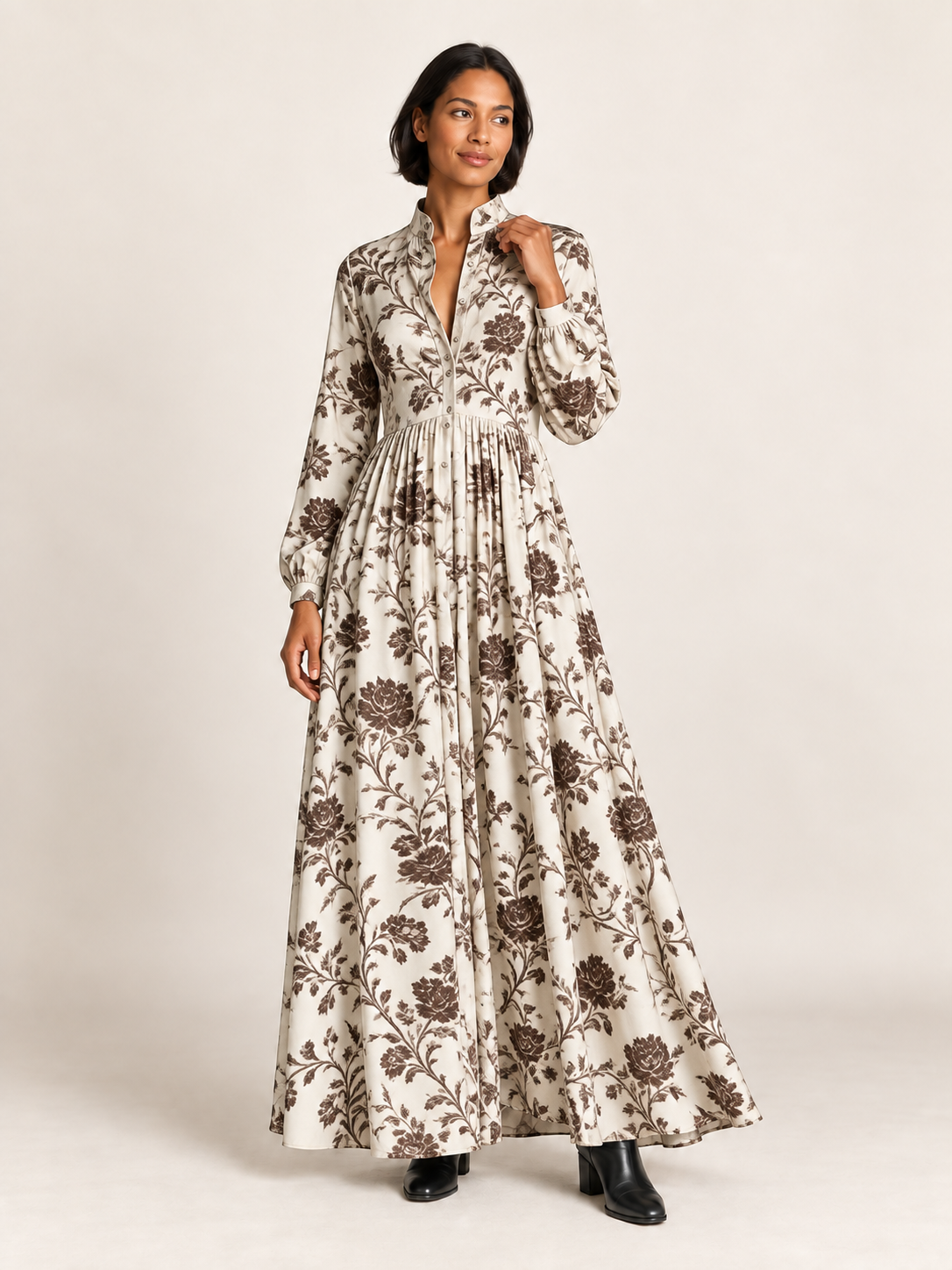 Printed Button-Front Maxi Dress in Khaki — front view