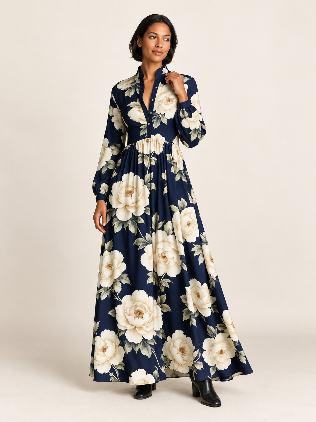 Printed Button-Front Maxi Dress in Navy Blue — front view