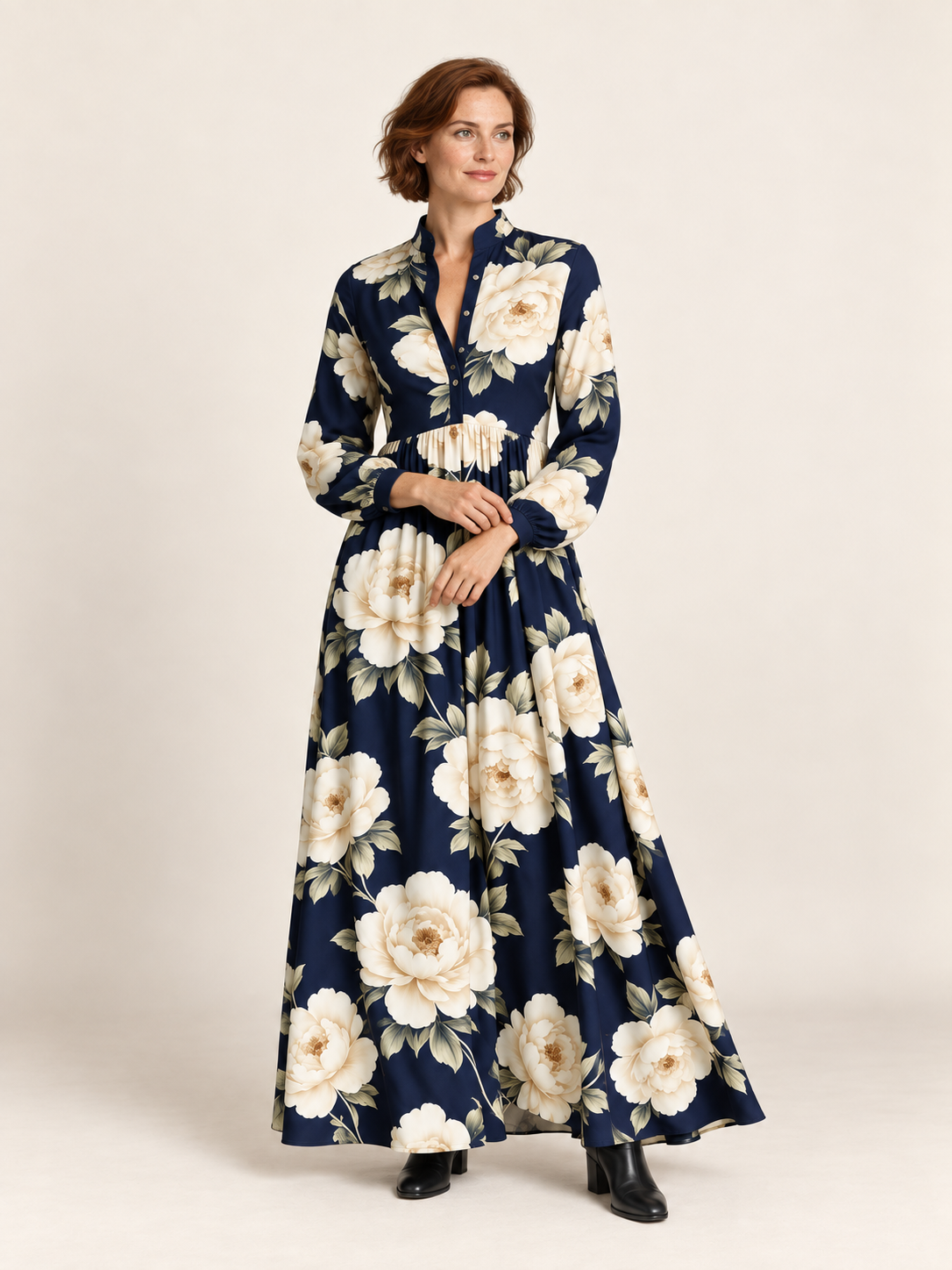 Printed Button-Front Maxi Dress in Navy Blue — second model front view