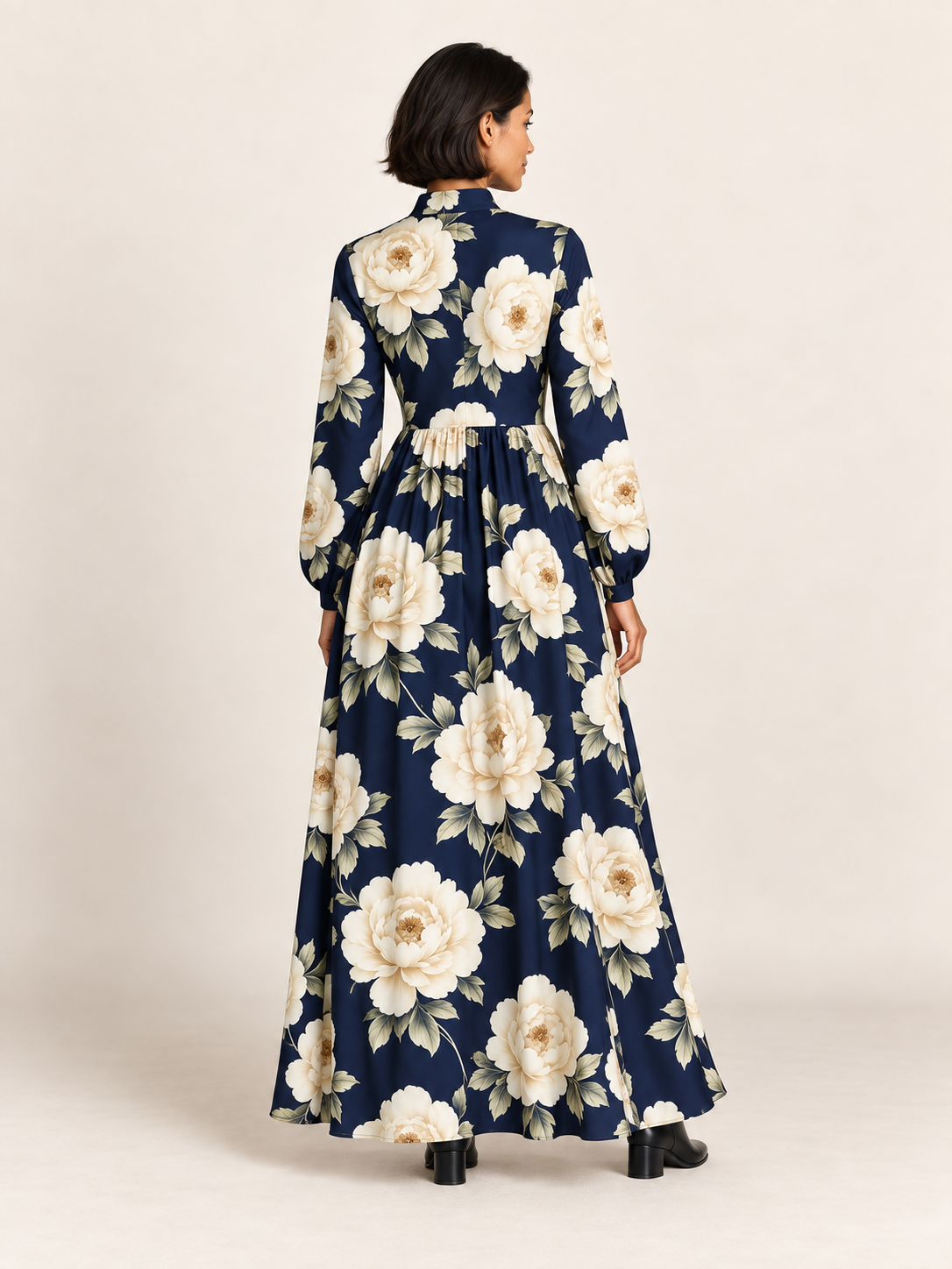 Printed Button-Front Maxi Dress in Navy Blue — back view